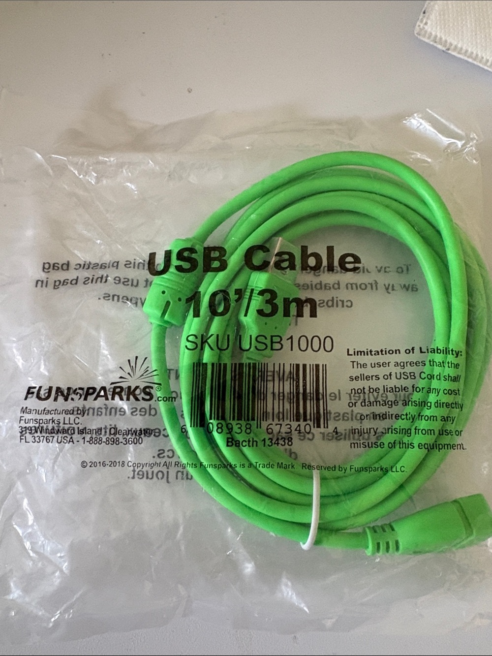 Funsparks USB Cable 10ft/3m - SKU USB1000 green and yellow cords together